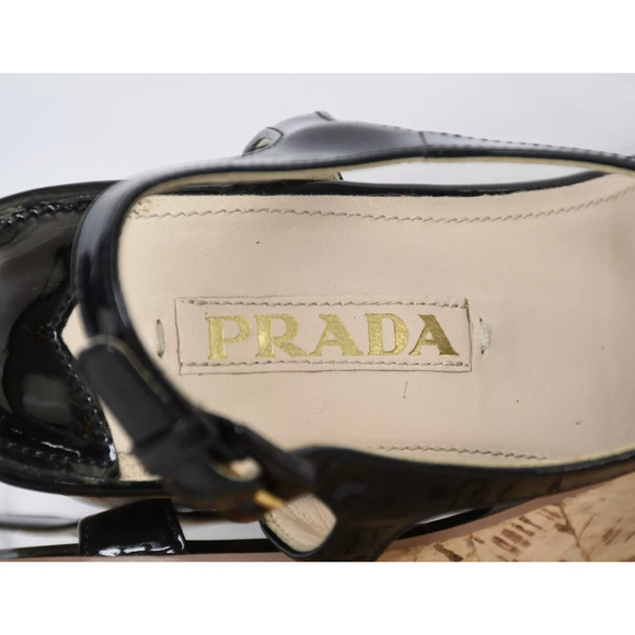 Prada 10 Chain Link Platform Cork Wedges Patent Leather T-Strap Sandals Black 40 - Picture 12 of 13